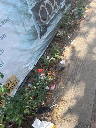 The image captures a section of a sidewalk in Kuta Selatan, Indonesia, characterized by an accumulation of litter and overgrown vegetation. A large, light-colored tarp or banner, likely serving as temporary screening or construction covering, is positioned along the left side of the scene. The banner displays partial text, including "cana," "an," "ch," and "ai," along with a yellow sign bearing the numbers "223" and "977." Graffiti is visible on the upper portion of the banner, partially obscured by its folds.
The ground adjacent to the banner is a chaotic mix of debris, including various types of trash such as plastic wrappers, bottles, and crumpled paper. Among the litter, patches of wild plants and dry grasses are growing, indicating a lack of regular maintenance. A section of a paved sidewalk, distinguished by raised tactile paving for the visually impaired, occupies the right side of the image. The sidewalk shows signs of wear and tear, with dirt and small stones scattered on its surface. The overall impression is one of neglect and urban decay.