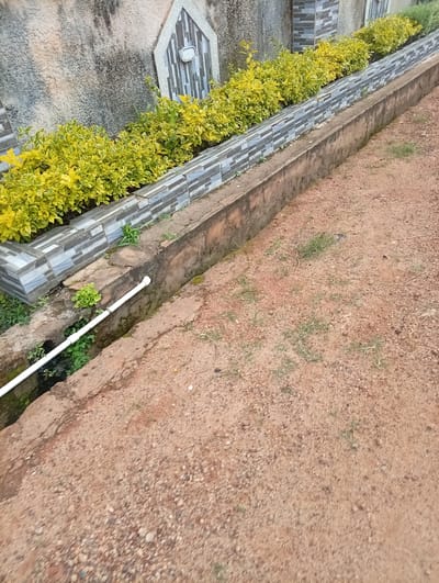 The image depicts an outdoor scene in Bukuru, Nigeria, featuring a drainage channel alongside a wall adorned with decorative tiles and yellow-leafed bushes. The drainage channel, made of concrete, contains a white pipe running along its bottom. The ground is covered in reddish-brown soil and small pebbles, with sparse patches of green grass. The wall displays a textured surface and a patterned tile design, with a white light fixture mounted on one section. The overall environment suggests an urban or semi-urban setting.