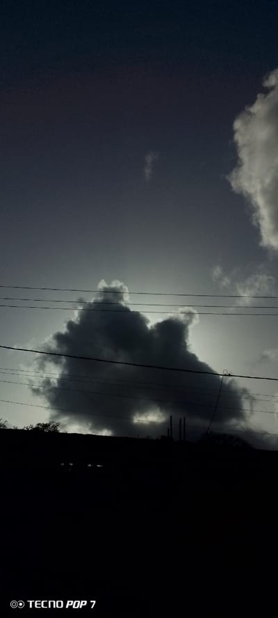 In the city of Altagracia, Venezuela, the image captures a dimly lit sky dominated by a large, dark cloud formation. Thin power lines are strung horizontally across the frame, silhouetted against the lighter sky behind the clouds. Below the sky, a dark, silhouetted landscape is visible, featuring a line of trees on the left and a few vertical structures on the right, possibly utility poles or industrial elements. The bottom of the image contains a watermark reading "TECNO POP 7".
