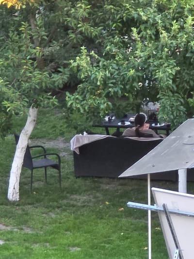 This media file captures an outdoor scene on a grassy area, possibly a backyard or park, with a dense tree on the left. A white wooden log lies horizontally in the foreground, partially covered with white fabric. In the middle ground, a black chair with a simple design is positioned on the grass. Behind the chair, a person wearing a light-colored shirt and dark pants is seated, facing away from the viewer. The person appears to be looking at a table with some objects on it, possibly a meal or drinks. The background reveals more of the green grass and some blurred elements of what appears to be a structure or tent, along with some metallic supports.
The overall lighting suggests it could be daytime, perhaps late afternoon or early evening, with natural light illuminating the scene. The presence of lush green grass and foliage implies a season with good weather, likely spring or summer. No specific text is visible in the image. The atmosphere seems relaxed and casual, suggesting a moment of repose or a private gathering. The scene is set in an outdoor environment, characterized by natural elements and simple furniture. The orientation of the image is rotated 90 degrees clockwise.