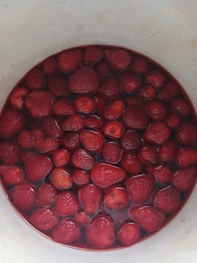 A close-up, overhead shot shows a white bucket filled with whole, red strawberries submerged in a dark red liquid, possibly juice or syrup. The strawberries vary in size and some appear to be slightly softened, suggesting they may be macerating or preserved. The bucket's interior wall is visible around the edges of the liquid, appearing smooth and off-white. The lighting is even, casting no strong shadows. This image does not provide any information to determine its location within the city of Hlushky, Ukraine, or any details about people, actions, or interactions.