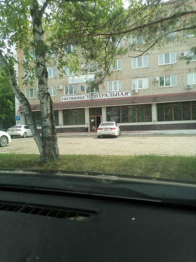 The image shows a white sedan parked in front of a brick building with the sign "ГОСТИНИЦА «ЦЕНТРАЛЬНАЯ»" (Hotel "Centralnaya") on it. The building has multiple windows and air conditioning units. A tree with white bark stands in the foreground, partially obscuring the view of the building. The scene appears to be a street in Lesozavodsk, Russia, with a parking lot in front of the hotel. The image is taken from inside a vehicle, looking out through the windshield.