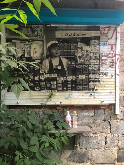 This image depicts an outdoor scene in Yekaterinburg, Russia, featuring a weathered, corrugated metal shutter on a building. Affixed to the shutter is a large, black and white poster or advertisement. The poster shows a black and white photograph of a woman wearing a hat and a collared shirt, looking slightly upwards. Behind her, the poster displays rows of what appear to be product labels or advertisements, many with prices in Russian currency. Some visible text on the poster includes "Мираж" (Mirage), "БОТА" (BOTA), and product names like "Добрый" (Dobry).
The shutter itself is adorned with various other pieces of paper, including price tags and what appear to be business advertisements with phone numbers such as "2-112-73-33" and "222-12-51". Red graffiti is also visible on the upper part of the shutter. To the left of the shutter, a bright blue vertical element is present, possibly a portion of a doorway or another architectural feature.
The background is a rough, grey stone or brick wall, showing signs of age and weathering. To the right of the shutter, green foliage from plants is encroaching on the scene, some of it obscuring the wall and a part of the shutter. A plastic bottle of a light-colored liquid, possibly milk or yogurt, with a yellow cap, and another bottle with a red cap are also visible near the plants and the wall. The overall impression is one of an urban environment, possibly an abandoned or neglected storefront, with elements of advertising and street art. The lighting suggests it is daytime.