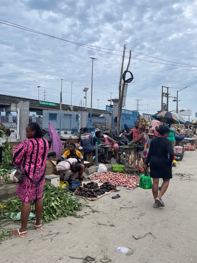 This is a street-level, medium-shot photograph of a bustling outdoor market in Lekki, Nigeria, under an overcast sky. In the foreground, a woman wearing a pink and black patterned dress and sandals stands facing left, her back partially to the camera, with a dark-colored purse slung over her shoulder. She is surrounded by piles of leafy green vegetables and some dried dark produce on the ground. To her right, several people are engaged in market activities. One man in a yellow and black shirt is crouched down, seemingly interacting with the produce. Others are seated or standing behind stalls laden with goods. In the middle ground, various market stalls are visible, featuring produce like onions, and items are displayed under umbrellas and on tables. Overhead, a portion of the Jubilee Bridge is visible, with the sign "JUBILEE BRIDGE" clearly displayed. The ground is a paved surface with scattered debris and vegetation. The overall scene depicts a vibrant, active marketplace environment.