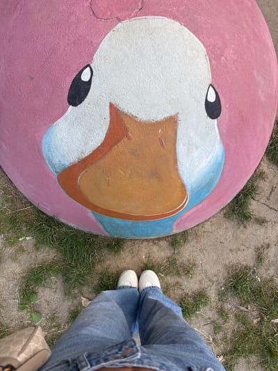 A high-angle shot captures a person standing next to a large, circular object painted to resemble a flamingo head, likely located in Sofia, Bulgaria. The flamingo head, painted in shades of pink, white, brown, and blue, rests on a patch of dry ground interspersed with grass. The individual is wearing light blue jeans and white sneakers, with a tan-colored purse visible near their right leg. The ground around the flamingo and the person is cracked and barren in patches.