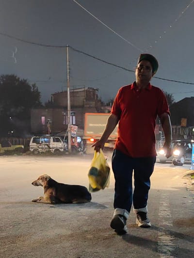 A person wearing a red polo shirt, dark blue pants, and sneakers walks on a paved road at night in Bahang, India. They are carrying two yellow plastic bags in their left hand. A medium-sized dog is lying down on the road to the left of the person. In the background, there are buildings, vehicles, and overhead wires. One building appears to be a shop with a sign that reads "BULKLINE SHOP." The lighting suggests it is nighttime, with artificial lights from vehicles and buildings illuminating the scene.