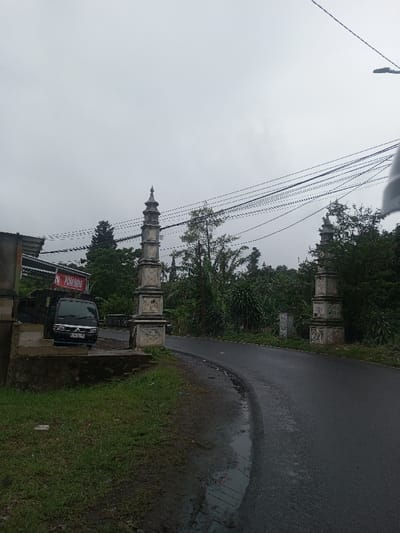 A rural road curves between two ornate stone pillars. Lush greenery surrounds the road, blurring into dense forest. A black truck is parked near a building with a red sign on the left. Overhead, numerous power lines cut across a grey, overcast sky. The road surface appears damp, reflecting the muted light of the cloudy day.