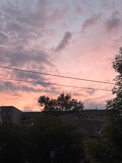 The image shows a view upwards towards a sky during dusk or dawn, likely in a residential area in Perm, Russia. The sky has a mix of grey and pink clouds. Silhouetted against the sky are two power lines running vertically. On the right side of the image are residential buildings, with the facade of a building showing an old brick, windows and some trees partially obscuring the view. The image has been rotated.
