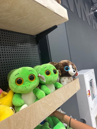 This media file shows a close-up view of a collection of plush toys, primarily green frog-like creatures and a brown sloth, neatly arranged in a wooden bin. The bin itself appears to be part of a retail display, possibly in a store or amusement center, given the black perforated surface below and a white electronic device with red and yellow accents visible in the background. A person's arm, adorned with a thin black bracelet, is reaching into the bin, suggesting they are selecting or arranging the toys. The lighting appears to be indoor, with no indication of the time of day or weather. The overall scene conveys a sense of playful consumerism or perhaps the organization of merchandise. The plush toys, with their large, glittery eyes, are the dominant objects, creating a bright and inviting visual. Some of the toys have small tags attached, typical of retail items. No discernible text is clearly legible within the frame, aside from what might be on the electronic device in the background, which is too indistinct to read.