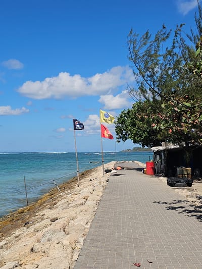 A paved pathway runs alongside a rocky embankment on the coast of Denpasar, Indonesia. The ocean, with its turquoise waters, stretches out to the horizon, where distant landmasses are visible. The sky is a vibrant blue, dotted with fluffy white clouds. Two flags, one black with white lettering and a red and yellow emblem, and another yellow with a blue and white logo, flutter on poles near the pathway. To the right of the path, a small, rustic structure provides shade, with various containers and equipment, including red drums and stacked plastic barrels, scattered nearby. A large tree with green foliage extends its branches over the scene, casting dappled shadows on the pathway. The rocky embankment shows signs of erosion and is intermittently bordered by a metal railing. Several small boats are visible on the water in the distance.