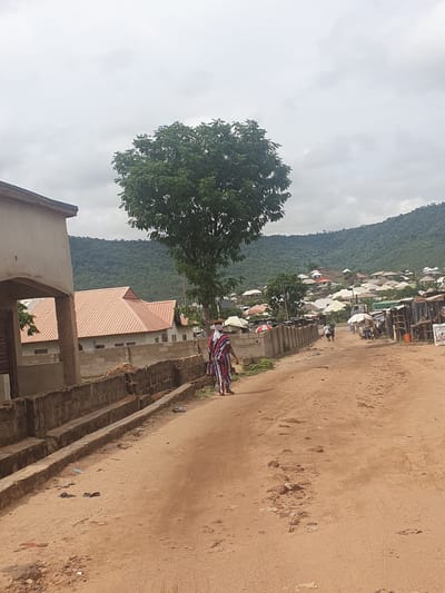 The image depicts a view in Lokoja, Nigeria, characterized by a dirt road leading towards a hillside densely populated with buildings. A large tree with green foliage is prominent on the left side of the frame. In the foreground, a dilapidated building structure is visible, with a person wearing a colorful striped cloth positioned near its edge. The overall environment suggests a rural or peri-urban setting within Lokoja.