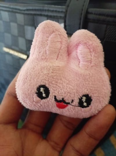 A close-up shot features a pink, plush bunny toy held in a human hand. The toy has embroidered features including black eyes, a red mouth, and pink ears. The background is partially visible, revealing a textured, dark-colored surface that appears to be part of a bag or other object. There is no indication of a location within Owerri, Nigeria, or any other place. No people or interactions are completely visible, just the single hand holding the toy.