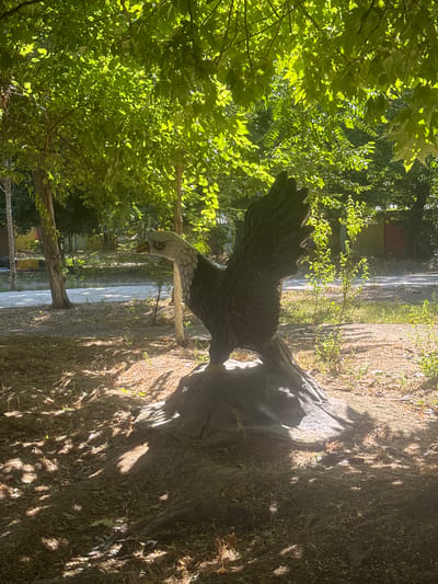 An outdoor statue of a bald eagle stands on a rough, textured base, likely made of stone or weathered wood, amidst a dappled sunlight setting. The statue is positioned on the left side of the frame, facing left with its wings slightly raised. The eagle is depicted with detailed feathers and a prominent beak and eye. It is surrounded by dry, brown ground cover, with fallen leaves and twigs. In the background, there are several trees with lush green foliage, casting shadows on the ground. A paved pathway is visible behind the statue, and beyond that, there are hints of buildings with red and yellow accents, suggesting an urban park or public space. The lighting suggests it is daytime, with the sun filtering through the leaves of the trees. This scene is located in Tashkent, Uzbekistan, possibly in a park area like the Botanical Garden or a public square.