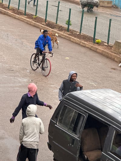 In Bukuru, Nigeria, a man in a blue jacket rides a bicycle on a paved road. Two dogs follow him. To the right, a man in a grey hoodie leans against a dark colored van. In the foreground, a person in a pink headscarf and dark patterned shirt, and another person in a light grey hoodie, stand facing away from the camera. The environment appears to be a street with a sidewalk bordered by a green metal fence.