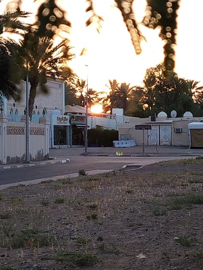 The image depicts a street scene in Al Mas'oudi, United Arab Emirates, during sunset. The foreground shows a dusty, unpaved area with sparse vegetation and a paved road curving to the left. In the midground, a beige-colored building with white domed roofs and satellite dishes is visible. A metal sign with Arabic writing is mounted on a pole in front of the building. Adjacent to this building is a lighter-colored structure with decorative fence posts and arched openings. A business with Arabic signage is located within this structure. Palm trees are prominent throughout the scene, with their fronds silhouetted against the bright, hazy sky where the sun is setting, casting a warm glow. The overall impression is that of a quiet, arid urban environment.