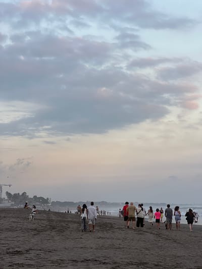This image depicts a beach scene in North Kuta, Indonesia, during what appears to be either sunrise or sunset. The sky is filled with a mix of gray, white, and pale pink clouds, with a lighter pastel hue near the horizon. The foreground is dominated by dark, wet sand, showing footprints from people walking.
In the mid-ground, a group of people are walking along the shoreline, most facing away from the camera and towards the ocean. They are dressed in casual beachwear. Some individuals are walking alone or in pairs, while others are in larger groups. One person appears to be walking a dog. Further in the background, the ocean is visible with gentle waves and some people wading in the water.
Along the distant coastline, a line of palm trees and buildings is visible, suggesting a developed area. A construction crane is also present on the left side of the frame, indicating ongoing development. The overall atmosphere is serene and relaxed, characteristic of a beach at dawn or dusk.