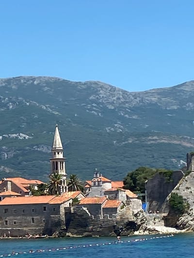 A high-angle, medium shot captures the historic Old Town of Budva, Montenegro, from the water on a clear, sunny day. The foreground is dominated by the bright blue, rippling sea, with a white and red safety rope demarcating a swimming area. In the midground, the ancient stone buildings of the Old Town are clustered together, many topped with terracotta tiled roofs. Prominent among these structures is a tall, slender bell tower with arched openings and a pointed spire. The architecture suggests a Mediterranean style, with thick stone walls and some buildings featuring arched windows. Rocky outcrops and lush green trees punctuate the coastline, with people visible near the water's edge, some appearing to be sunbathing or relaxing on the shore. The background is filled with imposing, tree-covered mountains that rise steeply, their slopes appearing lush and green under the bright sky. The overall scene conveys a sense of coastal tranquility and historical depth.