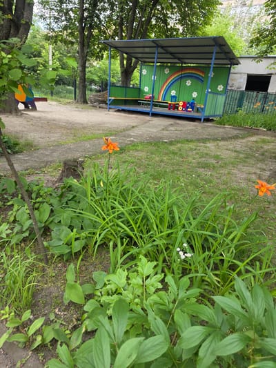 The image depicts a small, outdoor playground area in Kyiv, Ukraine. In the foreground, there are several green plants and two orange flowers, one of which is in sharp focus. Behind the plants, a dirt path leads to a covered structure with a blue metal frame and a green roof. The back wall of this structure is painted green and features a rainbow with white flowers. A yellow bench is visible inside the structure, along with some children's furniture. To the left of the structure, a multi-colored slide is partially visible. A metal fence runs along the back of the playground, and trees with green foliage are present throughout the scene. In the background, a building with a white facade and a dark opening can be seen. The ground is a mixture of dirt and sparse grass. The overall impression is that of a weathered but functional children's play area.