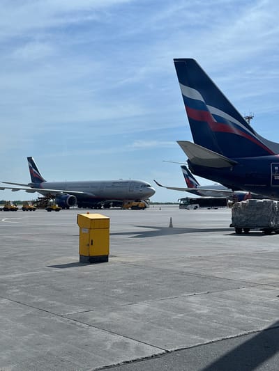 This image depicts an active airport apron, most likely at Sheremetyevo International Airport (SVO) located within Khimki, Moscow Oblast, Russia. The scene is captured on a bright day with a clear blue sky and scattered wispy clouds.

In the immediate foreground, positioned to the right, is the dark blue vertical stabilizer (tail fin) and a portion of the fuselage of an Aeroflot Boeing 737-800 aircraft. The tail features the white, blue, and red stripes of the Russian flag livery. A section of its white horizontal stabilizer and wing is also visible. Adjacent to it, on the tarmac, a cargo dolly loaded with wrapped baggage or freight is present.

Further into the mid-ground, towards the left, a grey Aeroflot Airbus A330 aircraft is stationary. Its fuselage clearly displays "AEROFLOT" lettering and the Russian flag emblem on its tail. Several yellow ground support vehicles are positioned around the aircraft's engines and landing gear, indicating ground servicing or maintenance operations. Between the foreground Boeing's wing and the A330, another dark blue Aeroflot aircraft tail with the Russian flag motif is partially visible in the background.

On the apron, a white and black airport passenger bus, possibly a COBUS model, is parked behind the A330. An orange traffic cone is visible on the concrete surface in the mid-ground. In the left foreground, a yellow utility box or electrical pedestal stands prominently on the concrete apron.

The ground consists of grey concrete pavement segmented by visible seams, with some textured surfaces. Shadows from the aircraft and ground equipment indicate direct sunlight. Distant green foliage and subtle architectural elements are visible on the horizon, beyond the tarmac. No individuals are explicitly discernible in the frame.