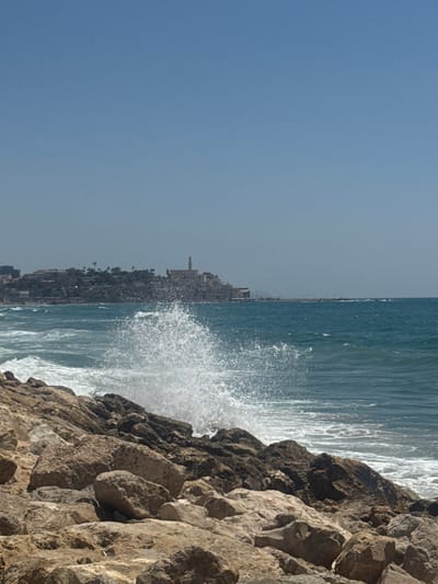 The image depicts a coastal scene in Tel Aviv, Israel. In the foreground, a rocky shore is visible, with large, weathered stones and boulders forming a natural barrier against the sea. The water is a deep blue, with white foam cresting on the waves as they crash against the rocks. A prominent splash of water erupts mid-air, captured in the moment of impact. In the background, a distant cityscape is discernible, featuring a cluster of buildings perched on a hill overlooking the sea. The architecture suggests a historical or religious significance, with at least one prominent tower or spire rising above the other structures. The sky above is clear and a light blue, indicating fair weather. The overall impression is one of a dynamic coastal environment, with the power of the sea contrasted against the enduring presence of the city.