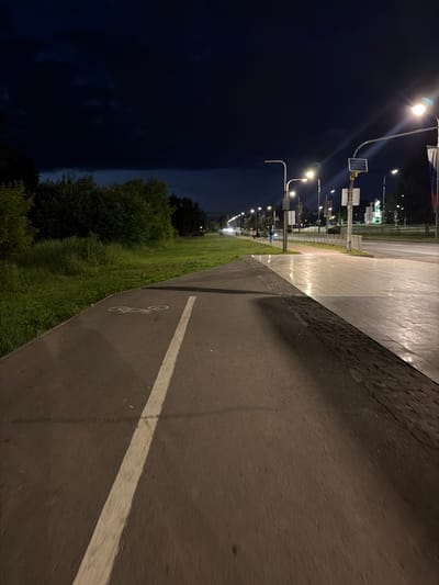 The image captures a nighttime scene on a paved path alongside a street in Naberezhnye Chelny, Russia. The path, marked with a white line and a bicycle symbol, is a dark asphalt surface. Adjacent to the path is a green grassy area with trees. The street to the right is illuminated by streetlights, reflecting on its wet surface. Several streetlights with solar panels are visible along the street. In the distance, there are a few pedestrians and vehicles, indicating activity on the road. The sky above is dark with some clouds, suggesting a night setting. The overall impression is that of a well-lit urban pathway at night, possibly after rain, with a backdrop of natural greenery and urban infrastructure.
