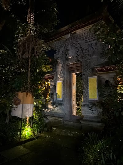 The image captures an intricately carved stone structure, likely a temple or gateway, at night. Lush green foliage surrounds the structure, with some leaves obscuring parts of the stonework. The stonework itself features detailed carvings of what appear to be mythical figures and floral motifs. Two rectangular yellow cloths are prominently displayed on the structure, one higher up and another in the middle section. Below these, there are sections wrapped in black and white checkered fabric, a common adornment in Balinese temples.
In the foreground, a long, pole-like object is visible, draped with white and gold fabric. A dried flower or ornament is attached to this fabric. The lighting suggests it is nighttime, with artificial lights illuminating certain areas of the structure and the surrounding vegetation, creating a dramatic effect. The atmosphere feels tranquil and somewhat mysterious due to the darkness and the detailed artistry of the temple. The location cues, such as the style of the carvings and the use of the checkered fabric, strongly suggest a Balinese setting, consistent with the provided location context of Ubud District, Indonesia. There is no visible text in the image.