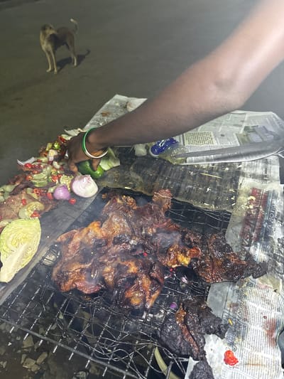 A dog stands in the background on a paved surface at night. In the foreground, a person's arm and hand are visible, wearing a green bracelet. The hand is reaching towards a pile of chopped vegetables, including onions, peppers, and cucumber, mixed with what appears to be meat. Directly in front of the hand is a grill with a portion of meat cooking over hot coals. The grill is placed on top of newspapers. The environment appears to be outdoors in what could be a street food setting in Abuja, Nigeria.