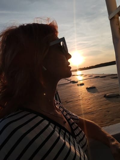 A person wearing a striped shirt and sunglasses is silhouetted against the setting sun, their face turned towards the light. They appear to be on a boat or pier, with a body of water and a shoreline visible in the background. The sun is low in the sky, casting a warm, golden glow on the scene. The image is a profile view of the person, with their hair blowing in the wind. The overall mood is one of peace and contemplation.