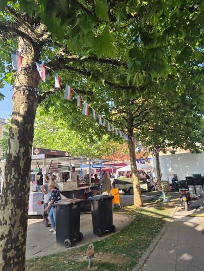 This image captures a lively scene at a street market or festival in Differdange, Luxembourg. The foreground is dominated by the textured bark of a large tree, adorned with strings of small flags in red, white, and blue, possibly indicating a national celebration. Beneath the tree, a food or drink stand is set up, with several people interacting. A woman in a floral shirt and jeans stands near two large black trash cans, one of which has a brown lid. In the background, more stalls and tents are visible, suggesting a bustling event. The area is paved with concrete, transitioning to a grassy verge with fallen leaves. A parked motorcycle and stacks of barrels hint at the commercial nature of the event. Sunlight filters through the lush green canopy of the trees, casting dappled shadows across the scene. The overall atmosphere appears festive and social, with people enjoying the outdoor setting.