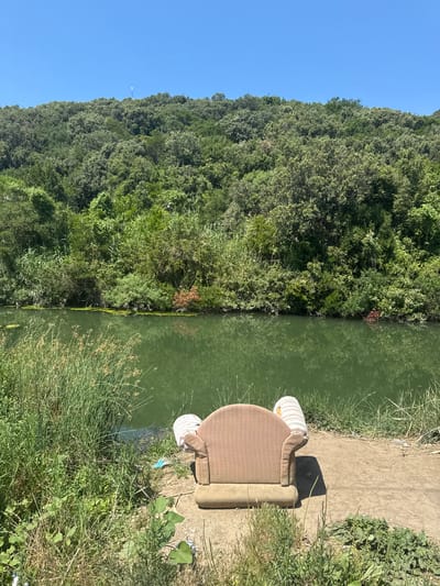 The image depicts an outdoor scene with a body of green water on the left and a grassy bank with a concrete path on the right. A light brown armchair with a patterned seat is placed on the concrete path, positioned facing the water. Next to the armchair, to its left, is a white cylindrical object with a striped pattern. Tall green grass and other vegetation grow along the edge of the water and on the bank. In the background on the left, a dense, tree-covered hillside rises against a clear blue sky. On the right, more vegetation is visible, including tall, reedy grass. A faint shadow of the armchair is cast on the concrete. The scene appears to be outdoors during the daytime, under clear skies. The presence of the armchair and the discarded cylindrical object suggest abandonment or a makeshift resting spot. The overall mood is one of natural tranquility contrasted with evidence of human presence and potential litter. No visible text is present in the image.