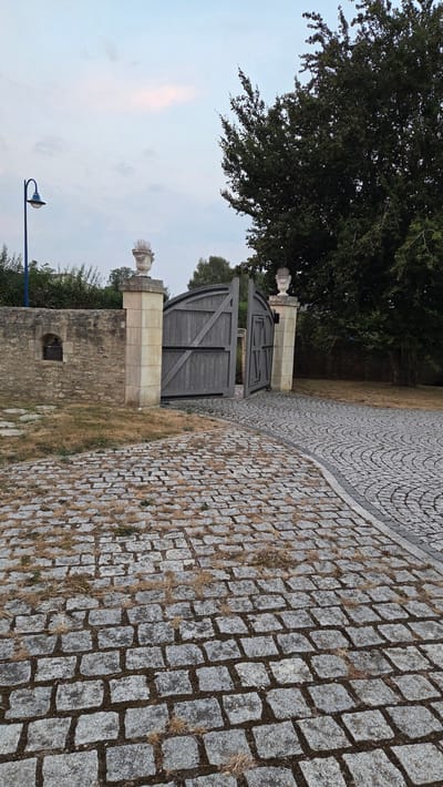 The image depicts an open, ornate wooden gate leading to a property in Macé, France. The gate is flanked by stone pillars topped with decorative urns. The driveway is paved with cobblestones, which also line the path leading to the gate from the foreground. A stone wall runs along the left side of the property, with a small, recessed niche visible in it. A traditional lamppost with a blue stem stands to the left of the wall. Lush green trees, including a large one on the right, provide a natural backdrop, and the sky above is a soft, pale blue with hints of pink clouds. The scene is serene, with no people present, suggesting a quiet, possibly rural or suburban setting. The overall impression is one of classic architecture and natural beauty.
