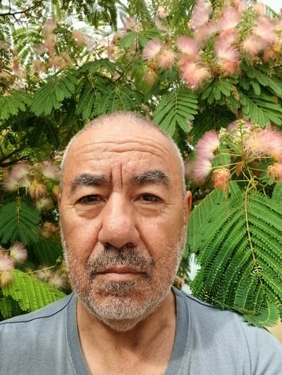 A close-up, eye-level, selfie captures a middle-aged man with a shaved head, graying stubble beard, and thick gray eyebrows. He is wearing a gray t-shirt and stands in front of a tree with lush green leaves and delicate pink, fluffy flowers. The man's expression is neutral, with his eyes looking directly at the camera. The background is softly blurred, emphasizing the man's face and the vibrant foliage of the tree. The overall impression is that of a casual outdoor portrait. There is no discernible information in the image that would indicate the location as Novaya Kosa, Russia.