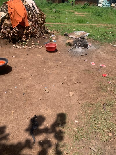 This image depicts an outdoor scene in a rural or semi-rural setting, likely within Buga da Gindi, Nigeria, characterized by a dirt ground with patches of grass. In the foreground, a pile of dry leaves is visible, topped with orange and light-colored garments. To the left, two dark-rimmed bowls are present, one containing an orange object, and another empty bowl. A red basin rests on the ground in the mid-ground. Further back, a makeshift fire pit with stones and burnt wood is situated on a piece of corrugated metal. The background shows the edge of a building constructed with bricks and a thatched roof, with vegetation and more structures visible further in the distance. Several pieces of red and white paper or plastic packaging are scattered across the ground. A dark, tangled object, possibly refuse, lies on the dirt in the lower portion of the image, casting a shadow. The overall environment appears dry and somewhat unkempt.
