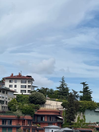This is a vertical, eye-level, medium shot of a residential area in Beşiktaş, Turkey. The sky is a soft blue with scattered white clouds, suggesting it is daytime. Lush green trees and vegetation are interspersed with modern multi-story buildings constructed from brick and white stucco. Some buildings have large windows and balconies, hinting at a contemporary urban setting. The image captures a serene moment, with no visible people or specific activities taking place. The overall impression is one of a well-maintained, affluent neighborhood with a strong integration of nature and architecture.