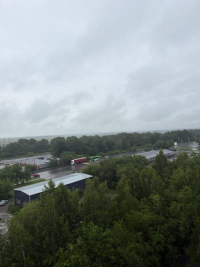 The image shows a panoramic view of an industrial area with a cloudy sky. The foreground features lush green trees, some of which are tall and slender birches. In the middle ground, a long, dark industrial building with a silver roof is visible, partially obscured by trees. To the left of this building, a paved area with parked cars and a red car can be seen. Further back, a row of smaller industrial units with gray roofs stretches across the landscape, adjacent to a wet road. A white semi-truck with a red trailer and a green bus are driving on the road. Beyond the industrial buildings, a vast expanse of dense green trees forms a natural barrier, and in the far distance, flat, open terrain under a heavily overcast sky suggests the outskirts of the city. The overall impression is one of a somewhat somber, overcast day in an industrial zone surrounded by nature.