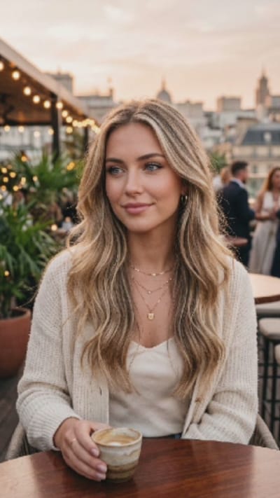 A young woman with blonde hair and blue eyes is sitting at a wooden table outdoors, holding a cup of coffee. She is wearing a cream-colored cardigan and a white tank top. The background shows a city skyline with buildings and string lights, suggesting an urban rooftop setting in Hong Kong, China, during sunset. Other people are visible in the background, some standing and talking, indicating a social gathering. The overall atmosphere is relaxed and casual.