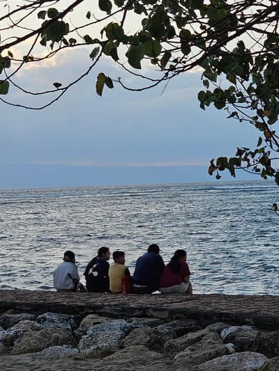In Denpasar, Indonesia, at dusk, five individuals are seated on a stone embankment, facing a calm sea. The sky above is a pale blue, transitioning to a darker hue near the horizon, with scattered clouds illuminated by the setting sun. A tree with dark branches and green leaves overhangs the scene from the top left corner, its silhouette contrasting with the sky. The sea is textured with ripples, reflecting the subdued light. The individuals, viewed from behind, are dressed in casual attire. From left to right, the first person wears a light-colored jacket. The second person is in a dark shirt with a white emblem. The third person is wearing a bright yellow shirt. The fourth person is in a dark blue top, and the fifth person is in a maroon top and light-colored shorts. The embankment is made of large, weathered rocks and sand.