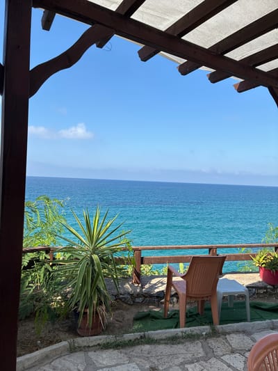 The image captures a view of the Mediterranean Sea from a covered patio or balcony. The foreground features a wooden structure, likely part of a pergola or roof, with visible beams and fabric. Beyond this structure, the vast expanse of the turquoise sea stretches towards the horizon, meeting a clear blue sky with a few wispy clouds.
On the right side of the image, a patio area is visible with stone paving and a low wall. Several chairs are present: a brown plastic chair with a woven back, and a white plastic chair behind it. A potted plant with spiky green leaves, possibly a yucca, is situated near the railing, overlooking the sea. Another smaller plant with delicate green foliage is also visible. The overall scene suggests a tranquil setting, likely in a coastal area during the daytime. The weather appears to be sunny and pleasant. The location is suggested to be Alanya, Turkey, which is known for its coastal beauty and Mediterranean climate. No people or specific activities are depicted, focusing instead on the serene landscape and the outdoor seating area.