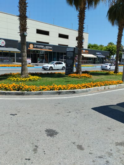 In Toroslar, Turkey, a white Volkswagen Golf is parked on the right side of a road with a blue lane marker. A person is visible inside the car, possibly the driver. The car is situated near a median strip with vibrant orange and yellow flowers, bordered by concrete. In the background, a modern building with a light-colored facade stands under a clear blue sky, featuring multiple levels and dark horizontal window openings. Palm trees with prominent trunks flank the scene. One palm tree has a small, light-blue birdhouse attached to it. Several shops are visible along the building's ground floor, including "CEP TELEFON U VE AKSESUAR" and "MONZA Market & Coffee," indicated by illuminated signage. Another sign with Turkish text and directional arrows is also present. The road surface shows some dark patches, possibly oil or water stains.
