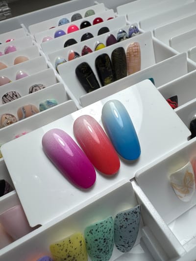 The image shows a white plastic organizer filled with an assortment of artificial nails, likely for nail art. The organizer is divided into compartments, each containing one or more nails. The nails display a variety of colors, patterns, and finishes, including ombre effects (pink to purple, red to white, blue to white), solid colors (black, red, pink, blue), and patterned designs (geometric, floral, marble, speckled). Three prominent nails with ombre designs are placed in the foreground, resting on a white surface. In the background, other compartments contain more nails, some with intricate designs and embellishments. The environment appears to be indoors, possibly a nail salon or a personal collection display. The specific location of Vlasikha, Russia is not discernible from the image itself, as there are no geographical markers or context provided within the visual data.