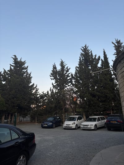 The image depicts a parking lot in Limassol, Cyprus, bordered by tall cypress trees and a stone structure on the right. Several cars are parked on a gravel surface. From left to right, a dark blue sedan is partially visible in the foreground. Behind it, a dark blue Audi hatchback with license plate KKG 574 is parked. Next to the Audi is a white hatchback, possibly a Honda Jazz, with license plate KHT 993. To its right is a white station wagon with license plate KHU 637. Further to the right, a dark blue BMW SUV with license plate KWT 625 is parked. In the background, a metal fence with green posts is visible. The sky is clear and pale blue, indicating either early morning or late afternoon.