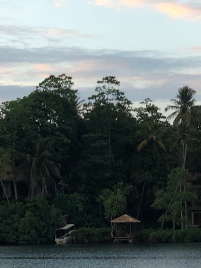The image depicts a tranquil scene on the water, likely a river or lagoon, in Habaraduwa, Sri Lanka. Dense green foliage and trees dominate the background, with a few palm trees interspersed. The sky above is a soft blend of pale blue and hues of pink and orange from a sunset or sunrise, with scattered clouds. In the foreground, the calm water reflects the sky and surrounding greenery.
Along the waterline, a small, white boat with a dark canopy is docked near the shore. Further to the right, a thatched-roof gazebo or hut stands on a wooden platform extending over the water. The structure has an open design with visible wooden supports and a thatched roof. A hint of blue seating is visible inside. The overall impression is one of natural beauty and serenity, typical of a tropical setting. There are no people visible in the frame.