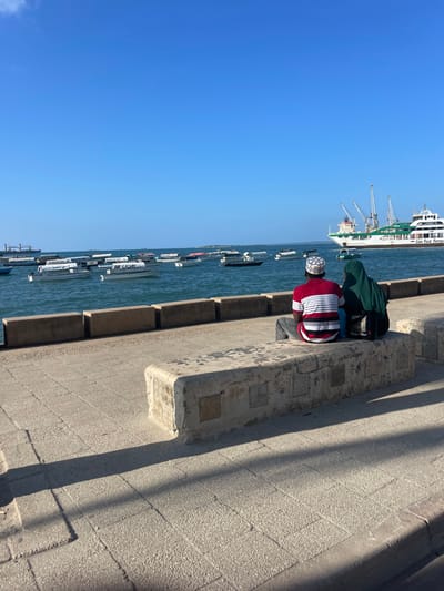 The image depicts a daytime scene at a waterfront promenade in Zanzibar City, Tanzania, under a clear blue sky. Two individuals are seated on a light-colored, rectangular stone bench, facing away from the viewer and looking towards the water. The person on the left, a male, wears a red, white, and black striped short-sleeve shirt and a white kufi with a patterned band. The person on the right, a female, wears a dark green head covering and dark clothing.
In the immediate foreground, a paved stone walkway exhibits distinct sunlight and shadow patterns. A low, light-colored stone wall separates the walkway from the water. The blue-green water in the midground is populated by numerous small to medium-sized boats, including speedboats and tour vessels, with some displaying labels such as "AIR LAGUNA" and "Zan Tours". In the distance to the right, a large white and green multi-deck vessel, identified by the text "Zan Fast Ferries" on its side, is visible with several cranes. A hazy landmass is discernible on the horizon to the far left.