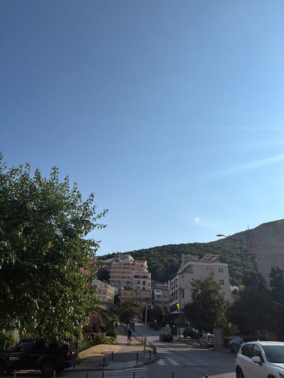 A street scene in Budva, Montenegro, is depicted on a bright, sunny day, as indicated by the clear blue sky and strong sunlight casting shadows. The image is oriented vertically, with the top of the frame showing the sky and the bottom showing a street lined with buildings and trees.
In the foreground, a large, leafy green tree occupies the lower right portion of the frame, its branches reaching upwards. To its left, a dark-colored SUV is parked. Further up the street, several buildings of varying heights and architectural styles are visible, many featuring balconies and light-colored facades. Some of these buildings appear to be hotels or apartment complexes, typical of a coastal resort town.
The street itself is paved, with a pedestrian crossing marked by white stripes. Several cars are parked along the side of the street, and a few people can be seen walking on the sidewalk. A lamppost stands along the street. In the background, a densely wooded hill rises steeply behind the buildings, suggesting a mountainous or hilly terrain characteristic of Budva.
The overall impression is one of a bustling Mediterranean town on a warm, clear day. The light suggests it is likely late morning or early afternoon. There is no visible text in the image.