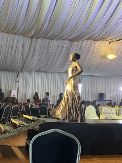 A female model walks down a runway wearing a sparkling gold mermaid-style gown. She is positioned on a raised platform in a large indoor venue draped with white fabric overhead and along the walls. In the background, several guests are seated at tables, with some standing and conversing. A chandelier hangs from the ceiling. The scene appears to be an event or fashion show taking place in Barakin Lerawi, Nigeria.