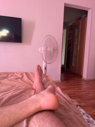 The image depicts an indoor scene with a person's bare feet and legs resting on a tan-colored bedspread. The feet appear to be positioned near a white oscillating fan. To the left of the fan, a black television screen is visible on a wall. In the background, a wooden floor and a closet with wooden doors are present. The lighting in the room appears to be dim and warm, casting a pink hue over the scene. There is no indication of the time of day or weather. No specific activity or event is clearly taking place, beyond someone relaxing. The visible text on the fan reads "ADLER". The overall mood is relaxed and domestic.