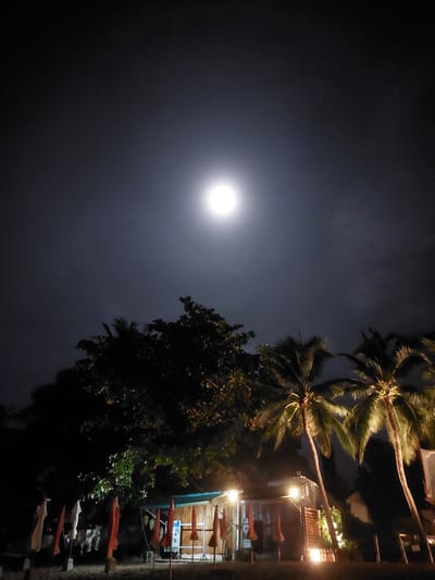 A night-time outdoor scene illuminated by a bright full moon partially obscured by clouds. In the foreground, there is a beach with several red and white beach umbrellas. Behind the umbrellas, there is a small building with lights on, and two palm trees with their fronds illuminated from below. The scene is set in Baan Mae Nam, Thailand.
