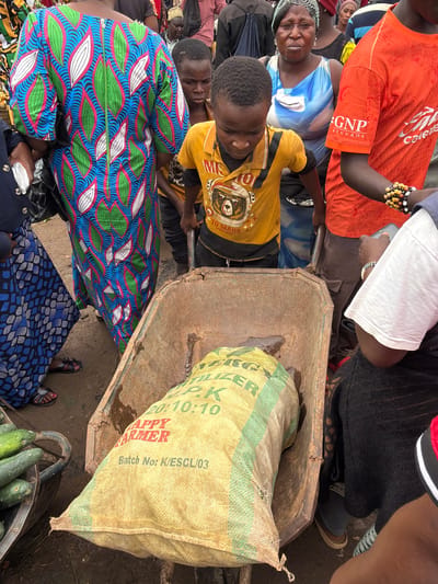 The image depicts a bustling outdoor market scene, likely in Gura Top, Nigeria, with people engaged in various activities. In the foreground, a young boy pushes a rusty wheelbarrow loaded with a large, yellow sack of fertilizer. The sack is labeled "HAPPY FARMER" and displays "20:10:10" and "Batch No: K/ESCL/03." To the left, a woman in a blue and white patterned dress stands beside the wheelbarrow. A person in an orange t-shirt with the logo "GNP SEGUROS" is visible on the right. Other individuals, including a woman with a headscarf and a man in a traditional cap, are present in the background, suggesting a crowded marketplace. The ground appears to be dirt or gravel. Cucumbers are visible in another wheelbarrow to the far left. The overall atmosphere suggests commercial activity and community gathering.