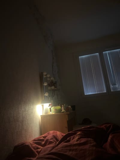 An interior scene depicts a dimly lit room, identified as a bedroom, located in Hauts de Bienne, France. In the foreground, a rumpled red and orange striped duvet covers a bed. To the right, a light-colored wooden nightstand is present, upon which a metal desk lamp with a white shade emits a bright, warm yellow light onto the adjacent wall and objects. Several small objects, including bottles and a green container, are arranged on the nightstand's surface. Above the nightstand, a wall-mounted vertical fixture featuring multiple spherical light bulbs is visible, with some shelves below it holding additional indistinct items. The left wall exhibits a textured pattern and a significant, irregular light-colored vertical streak, resembling peeling material or damage, extending from the ceiling down the corner where the left wall meets the back wall. On the right side of the frame, a large, two-paneled white-framed window is covered by vertical blinds or translucent curtains, allowing faint vertical streaks of external light to penetrate. No individuals are present in the scene.