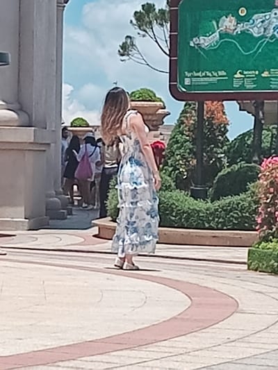 The image shows a person in a long, blue and white floral dress standing on a paved walkway. The walkway has a pattern of light and darker colored stones, with pink stripes forming curved designs. Behind the person, there are green bushes and trees, some with pink flowers. In the background, there's a green sign with white text and a map or diagram on it. The sky is blue with some white clouds. The lighting suggests it's daytime, possibly sunny. The overall scene appears to be an outdoor area, perhaps a park, garden, or a public space in a resort, given the decorative paving and manicured greenery. The person is facing away from the camera, looking towards the right side of the frame. There are other people in the background, some walking and some standing, wearing casual clothing. The image has a slightly blurry quality and is rotated, making it difficult to discern specific details like facial expressions or precise text on the sign.